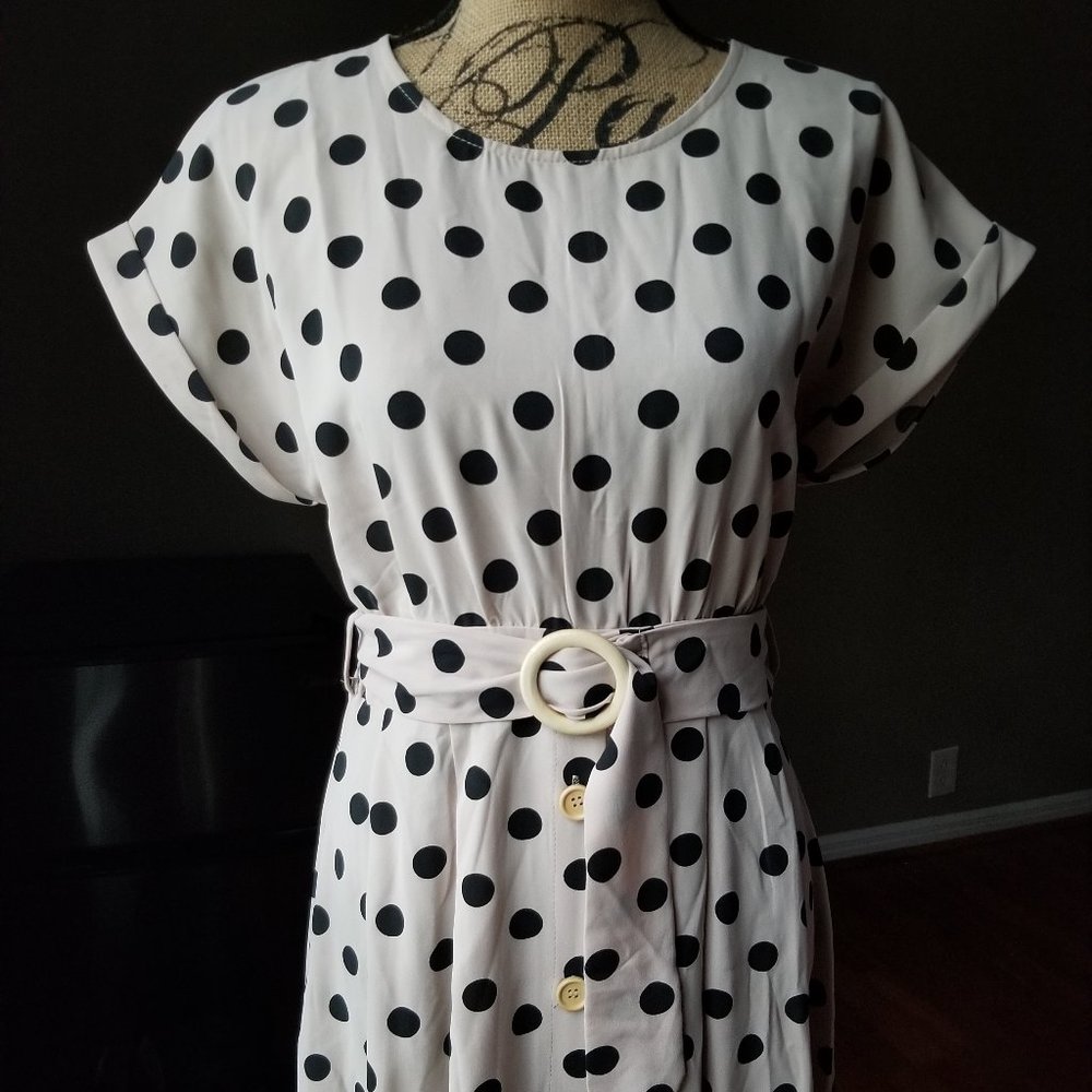 Midi polka-dot jewel-neck collar classic short-sleeved dress